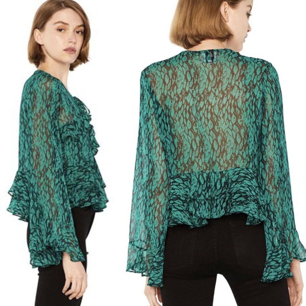MISA Los Angeles Emerald green ruffled bell sleeve blouse Size Small - Picture 3 of 9